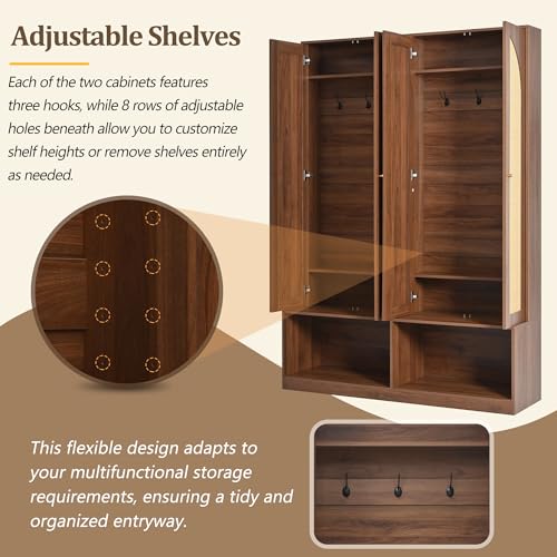 JIVOIT Bohemian Farmhouse Widen Hall Tree with 4 Rattan Doors, Versatile 4-In-1 Hall Tree, Mid-Century Entryway Shoe Cabinet with Adjustable Shelf and 6 Hooks, Seating Bench for Living Room - color: Walnut//53