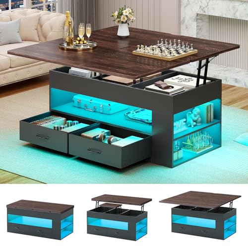 Itaar Lift Top Coffee Table, 4 in 1 Coffee Tables with Storage and Hidden Compartment, Farmhouse Coffee Table with 2 Fabric Drawers & LED Light for Living Room, Black - color: Black