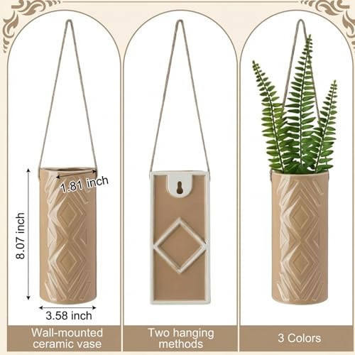 Ceramic Boho Wall Vases Set of 3, 7.9 Inch Modern Hanging Vase for Living Room Bedroom, Farmhouse Art Wall Decor Geometric Minimalist Hanging Flower Vase, Women