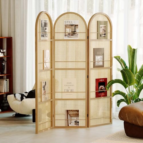 Rattan Room Divider with Built-in Bookshelf | Foldable Privacy Screen & Portable Partition for Home Office, Bedroom, Reading Nook | Wooden Frame, Freestanding Design (Natural-Rattan) - color: Natural-rattan