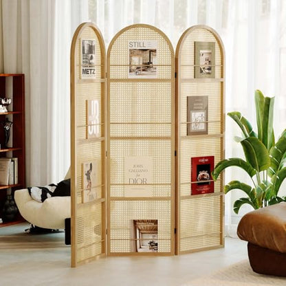 Rattan Room Divider with Built-in Bookshelf | Foldable Privacy Screen & Portable Partition for Home Office, Bedroom, Reading Nook | Wooden Frame, Freestanding Design (Natural-Rattan) - color: Natural-rattan