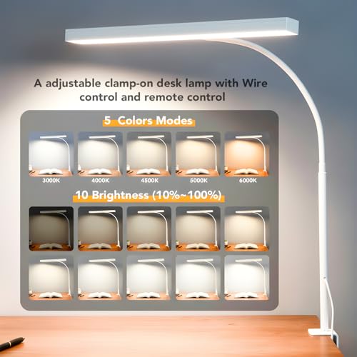 LED Desk Lamp with clamp, Remote Control Desk Lamp, 5 Color Modes & 10 Brightness Levels, 17'' Wide Light Bar, Eye Caring Gooseneck Desk Light, Adapter Included - color: White