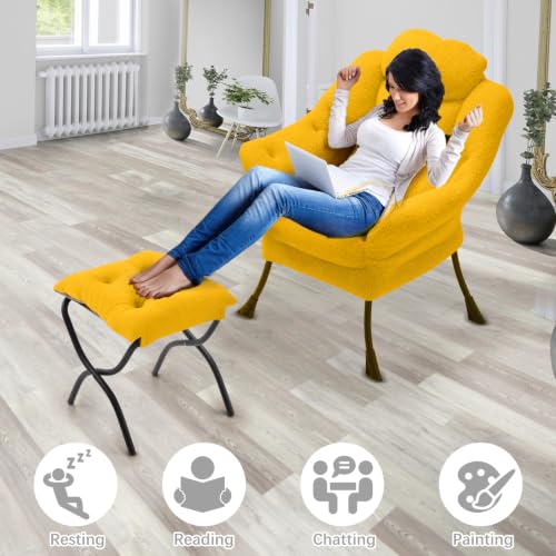 Lazy Chair with Folding Ottoman,Leisure Sofa Chair,Soft Fabric Armchair with Armrests and Side Pockets, Reading Chair with Footrest for Living Room, Bedroom, Office (Plush Yellow) - color: Plush Yellow
