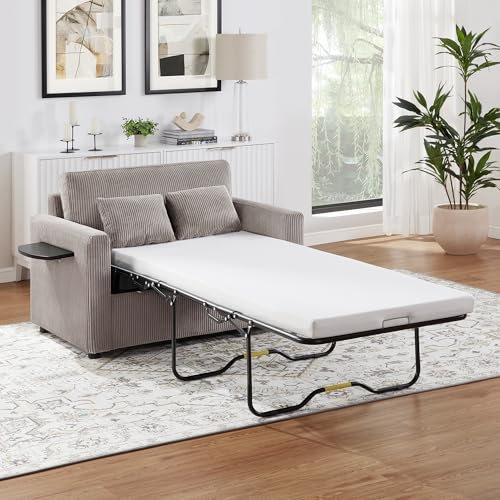 Twin Sofa Bed Sleeper Loveseat with Foldable Mattress USB, Grey+Brown | Space-saving bed for guest room or apartment, compact footprint, easy pull-out design, convenient device charging - color: Grey+brown