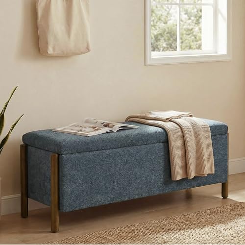 Usaint 47" Fabric Upholstered End of Bed Storage Ottoman Bench, Blue | Entryway Bench with Storage and Rubberwood Legs, 24.5 Gallons Storage Space, Hinged, for Bedroom, Living Room - color: Blue
