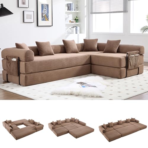 L-Shape Modular Sectional Sofa Bed, Corduroy Boneless Couch, Brown | Boneless Couches for Living Room, Sleeper Futon Sofa Bed, Modular Couch with Storage, Pull Out Couch, No Assembly Required - color: Brown