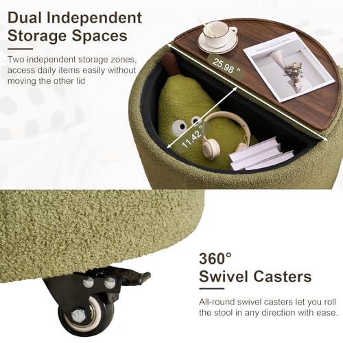 29.5" Round Storage Ottoman Coffee Table, Dual Reversible Lids, Green | Round Ottoman Coffee Table, Swivel Casters, Hidden Storage, Dual Lift-Off Lids, Teddy Fabric, Living Room, Bedroom - color: Green