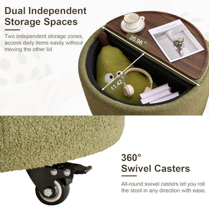 29.5" Round Storage Ottoman Coffee Table, Dual Reversible Lids, Green | Round Ottoman Coffee Table, Swivel Casters, Hidden Storage, Dual Lift-Off Lids, Teddy Fabric, Living Room, Bedroom - color: Green
