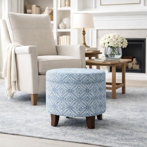 HomePop 19" Round Storage Ottoman - Blue Indigo Print - color: Blue Indigo Print