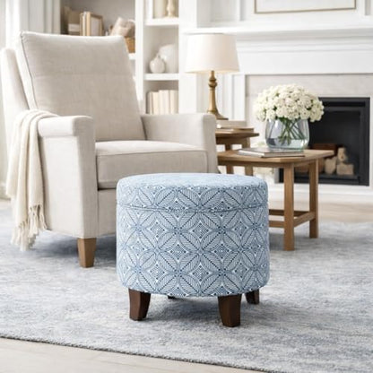 HomePop 19" Round Storage Ottoman - Blue Indigo Print - color: Blue Indigo Print