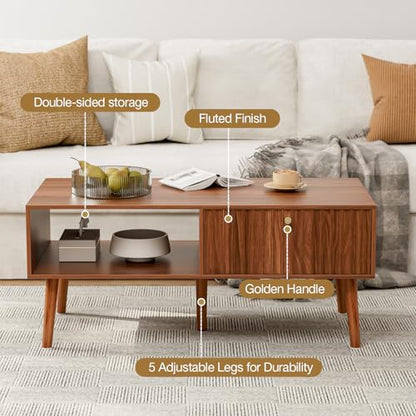 LCRBOL Coffee Table with Fluted Drawer, Mid-Century, Walnut | 39.3"W x 19.7"D x 17.1"H, 1 fluted drawer & open shelf, golden handle, 5 legs, ~45 min assembly - color: Walnut(lsj011-wa)