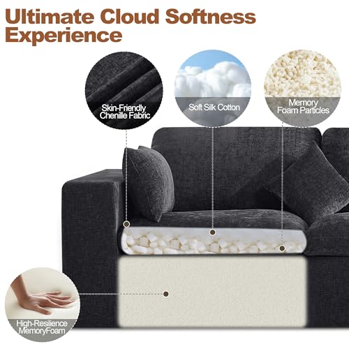 146''Cloud Boneless Sectional Couch, Modular Sectional Sofa Deep Seat with Ottoman, Oversized Upholstered Convertible Comfy 5 Seater Chenille Sofa L Shape Couches for Living Room, Dark - color: Dark, size: 146"/4 Seater+1 Ottoman