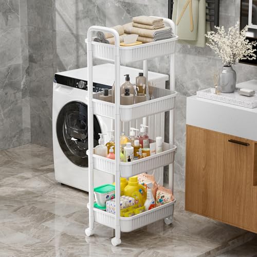 JOYZAN 4 Tier Rolling Carts with Wheels, Utility Cart with Handle and Locking Caster, Storage Cart for Kitchen, Office, Bedroom, Suitable for Diaper, Art Tools, Snack, Craft Storage Cabinet, White - size: White-4 Tier