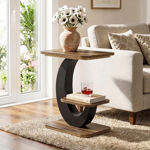 Tribesigns 2-Tier Narrow Side Table, End Table, Bedside Nightstand, Brown | Industrial Arc-Shaped Metal Frame, Storage Shelf, For Living Room, Bedroom, Small Spaces - color: Brown