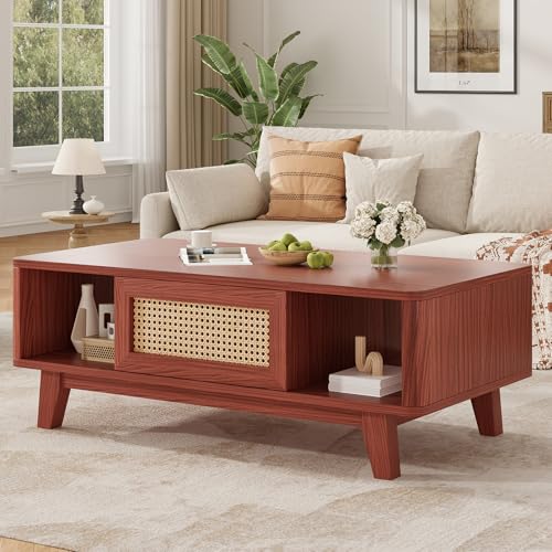 Coffee Table, Mid Century Living Room Tables with Storage, Modern Square with Rattan Drawer, Wooden Living Room Table with Solid Wood Leg - color: Cherry