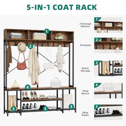YITAHOME Entryway Bench with Coat Rack, 5-in-1 Hall Tree with Shoes Storage, Industrial Freestanding Coat Rack Shoe Bench with Storage Shelves, 10 Hooks for Hallway, Bedroom, Rustic Brown