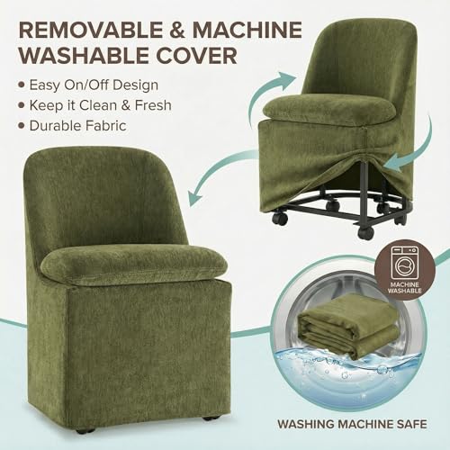 KISLOT Upholstered Dining Chairs with Casters, Washable Cover Modern Dining Room Chairs with Thick Cushion & Sturdy Metal Frame for Kitchen, Living Room, Dressing Room, Green Fabric, Set of 2 - color: Green, size: set of 2