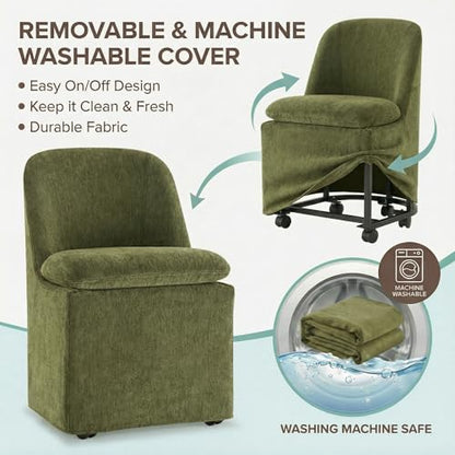 KISLOT Upholstered Dining Chairs with Casters, Washable Cover Modern Dining Room Chairs with Thick Cushion & Sturdy Metal Frame for Kitchen, Living Room, Dressing Room, Green Fabric, Set of 2 - color: Green, size: set of 2