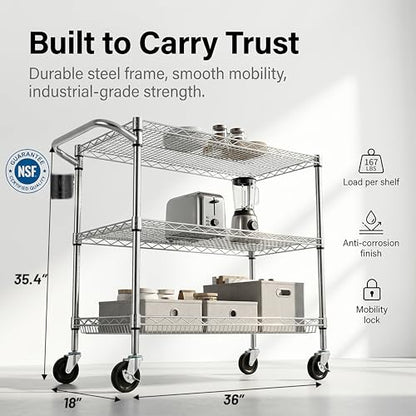 Finnhomy 3 Tier Heavy Duty Commercial Grade Utility Cart, Wire Rolling Cart with Pushing Handle Bar, Steel Metal Kitchen Service Trolly with Wheels, Shelf Size 18" D x 36" W, NSF, Chrome - size: 36"L x 18"W x 35.4"H-3 Tier, style: Chrome Cart