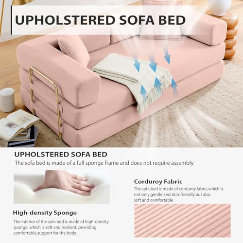 HANXIN Convertible Sleeper Sofa Bed, 78 Inch Folding Floor Mattress Couch with Fixed-Shape Frame, Futon Boneless Couch Lounge Loveseat with Pull Out Bed, No Assembly Required, Pink - color: Pink, size: 78" Loveseat Sofa Bed