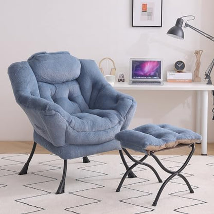 Lazy Chair with Ottoman, Comfy Reading Accent Chair, Plush Light Blue | Foldable Footrest, Padded Seat and Backrest, Side Pocket for Lounging in Living Rooms, Bedrooms, Dorms and Small Spaces - color: Plush-light Blue