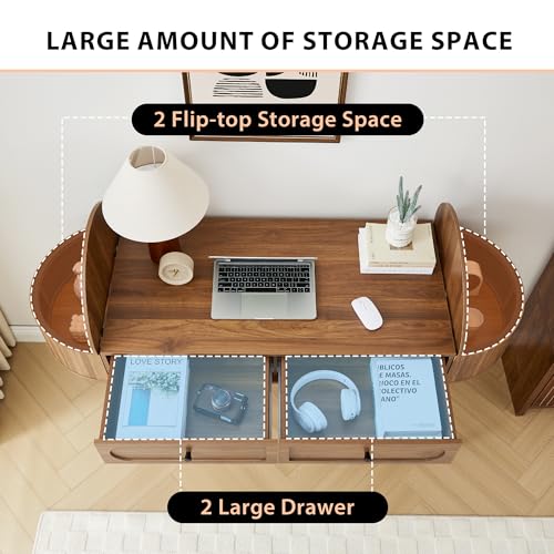 59" Wood Writing Desk, Laptop Desk with Drawer, Vanity Table Study Desk | Mid-Century Writing Desk, Walnut Laptop Desk with 2 Flip Storage and Drawers, 150 CM Elegant Fluted Desk for Office, Bedroom - color: Walnut-59 Inch