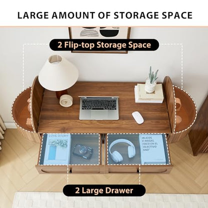 59" Wood Writing Desk, Laptop Desk with Drawer, Vanity Table Study Desk | Mid-Century Writing Desk, Walnut Laptop Desk with 2 Flip Storage and Drawers, 150 CM Elegant Fluted Desk for Office, Bedroom - color: Walnut-59 Inch
