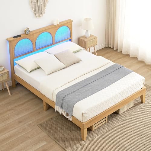 GAOMON Queen Bed Frame with Natural Rattan Headboard, Queen Size Platform Bed Frame with LED Lights and Rattan Headboard, Wooden Support Legs, No Box Spring Needed, Easy Assembly