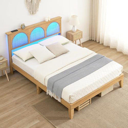 GAOMON Queen Bed Frame with Natural Rattan Headboard, Queen Size Platform Bed Frame with LED Lights and Rattan Headboard, Wooden Support Legs, No Box Spring Needed, Easy Assembly