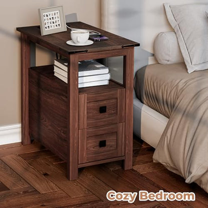 VVFLU Farmhouse End Table with Charging Station and 2 Storage Drawers, Cherry Wood Nightstand Narrow, Skinny Side Table Rustic, Slim Bedside Table, Open Shelf, Small for Bedroom, Living Room, Sofa - color: Cherry/Wood