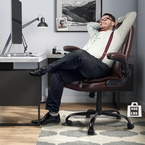 Flip-up Arms Office Desk Chair Big and Tall Managerial Executive Chair, High Back Computer Chair Ergonomic Adjustable Height PU Leather Chairs with Armrest for Long Time Sitting - color: New Brown