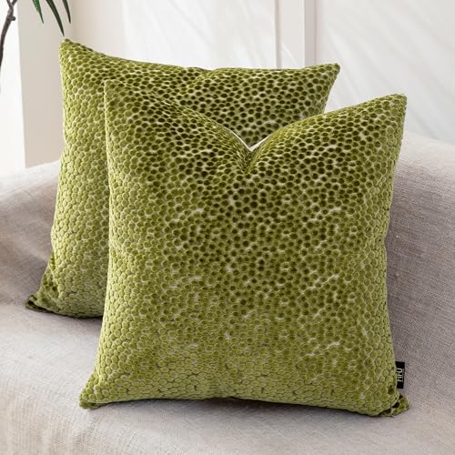 FIFU 20x20 Inch Throw Pillow Covers Set of 2, Jacquard Velvet, Olive Green | Linen-Look Back, Invisible Zipper, Soft Decorative Cushion Case for Couch Sofa Bedroom Living Room, Machine Washable - color: Olive Green, size: 20" x 20" (Pack of 2)