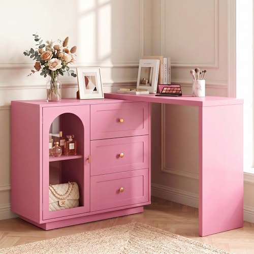 FansaFurn 59" L-Shaped Vanity Desk for Bedroom | 3 Drawers & 1 Door, Extendable Makeup Vanity Desk, Modern Dressing Table for Dressing Room, Pink - color: Pink, size: 59”