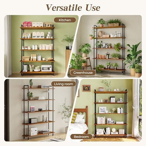 Industrial Bookshelf, Pipe Shelf Bookcase, 5 Tier, 48" Rustic Brown | Solid pine shelves, 48 inch wide, black pipe frame, 50 lbs per shelf, open bookcase for books, plants, office - color: Rustic Brown, size: 48"L × 70"H