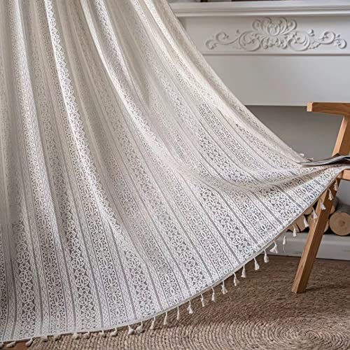 Deeprove Boho Sheer Lace Crochet Curtain 84 Inches Long, Beige Florals Knitting with Handmade Tassels,Macrame Bohemian Farmhouse Window Treatment Drape for Bedroom, Rod Pocket 1 Panel 59" x 84" - color: Beige Crochet 02, size: 59"W x 84"L (Pack of 1)