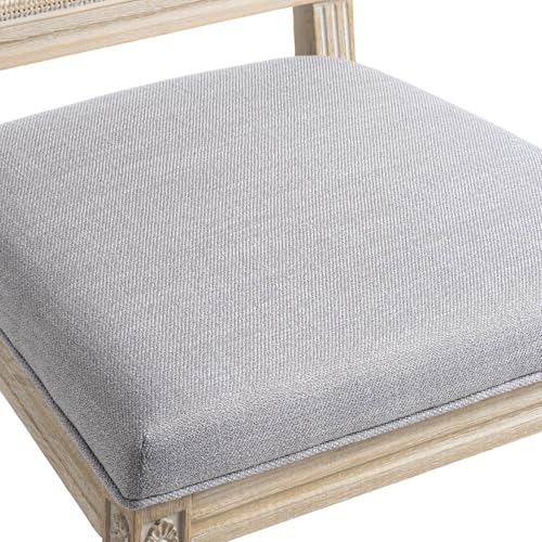 Kmax Farmhouse Dining Room Chairs, Fabric French Distressed Bedroom Chairs with Rectangle Rattan Back, Elegant Tufted Kitchen Chairs, Set of 6, Grey, Solid Wood Frame - color: Brown Wash/Rattan Grey, size: 6 Chairs