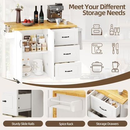 4 EVER WINNER 43" Kitchen Island with Drop Leaf, Rolling Kitchen Island | Modern Design, 4 Wheels, 3 Storage Drawers, Spice Rack & Towel Rack, for Kitchen Dining Room, White - style: Modern