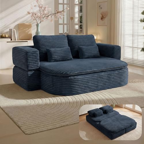 75'' Folding Sleeper Sofa Bed, Memory Foam Boneless Couch | Full Size Guest Bed Mattress, Modern 2-in-1 Floor Deep Seat Sleeper Sofa with 4 Pillows and Blanket | Corduroy Blue - color: Blue, style: Corduroy