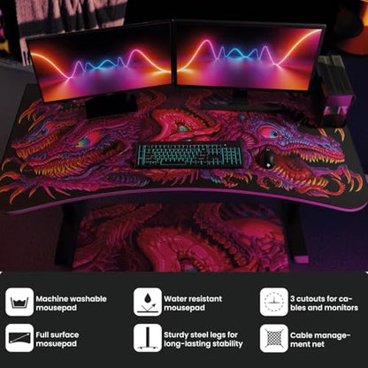 Arozzi Arena Special Edition Ultrawide Curved Gaming and Office Desk with Full Surface Water Resistant Desk Mat Custom Monitor Mount Cable Management Cut Outs - Crawling Chaos | Full Surface Water-Resistant Desk Mat, Monitor Mount Cut-Outs, Cable Manageme