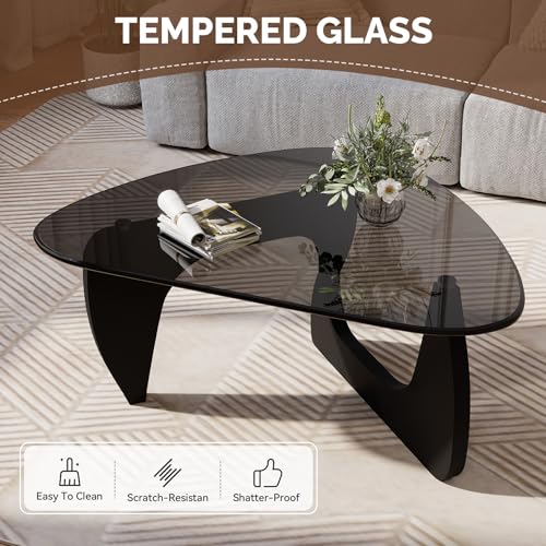 Modern Glass Coffee Table, Triangle Center Table with Tempered Glass Top& Unique Wooden Base, 31.5” Mid Century Tea Tables for Living Room, Apartment, Office,Black & Grey - color: Black & Grey, size: Small 31.5*19*15.7in