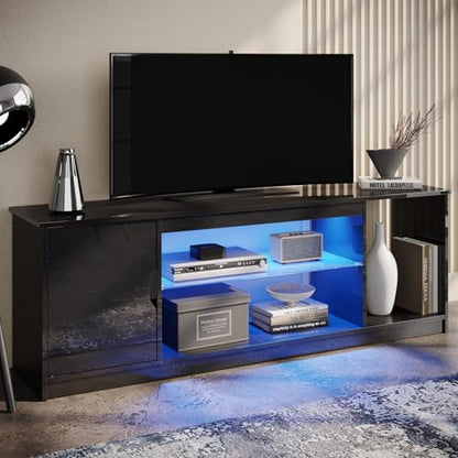 Bestier 57" Gloss Black Media Console - Gaming TV Stand for 65 Inch TV, Entertainment Center for PS5/Xbox Series X, Modern Home Theater Design, Adjustable Glass Shelves - color: Glossy Black