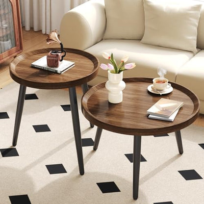 2 PCS Small Round Coffee Table Set, Mid Century Modern Coffee Tables for Living Room, Walnut Nesting Tables for Small Spaces, Easy Assembly Circle Wood Center Table,Black Side/End Table Set of 2,Brown