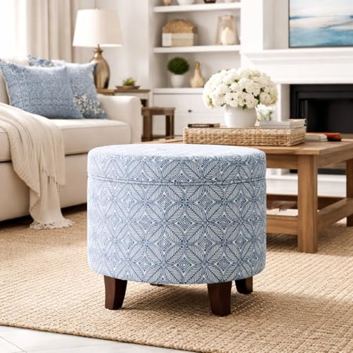 HomePop 19" Round Storage Ottoman - Blue Indigo Print - color: Blue Indigo Print