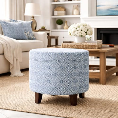 HomePop 19" Round Storage Ottoman - Blue Indigo Print - color: Blue Indigo Print