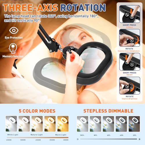 KIRKAS 12X Magnifying Glass with Light, 3-axis Rotation Magnifying Lamp | 35in Long Arm LED Lighted Magnifier Real Glass Lens for Repair Craft Sewing Workbench, Knob Stepless Dimming and Color - size: 12X