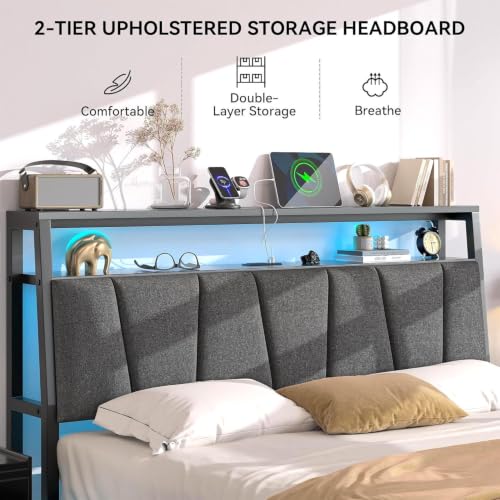 FreeHouse Full Size Bed Frame with Storage Headboard & 2 Drawers,Grey | Upholstered Full bed frame with Charging Station & LED Light, Fabric Drawers,Metal Slats, No Box Spring Needed, Noise-Free - color: Grey, size: Full