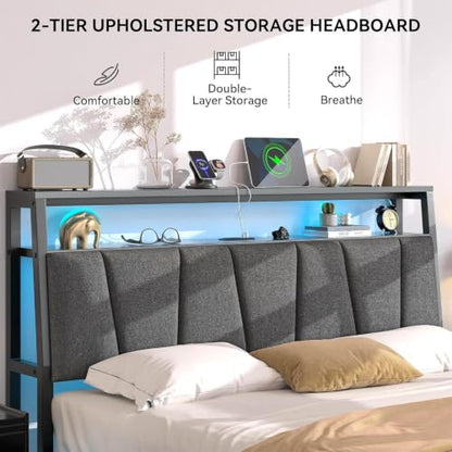 FreeHouse Full Size Bed Frame with Storage Headboard & 2 Drawers,Grey | Upholstered Full bed frame with Charging Station & LED Light, Fabric Drawers,Metal Slats, No Box Spring Needed, Noise-Free - color: Grey, size: Full