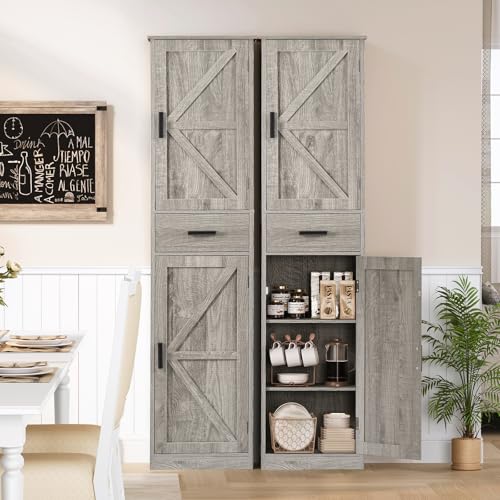 TEENFON Tall Bathroom Cabinet, Storage Cabinet with 6 Shelves & Drawer, Bathroom Storage Cabinet with Adjustable Shelves, Tall Cabinet for Living Room, Home Office, Grey - color: Grey
