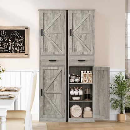 TEENFON Tall Bathroom Cabinet, Storage Cabinet with 6 Shelves & Drawer, Bathroom Storage Cabinet with Adjustable Shelves, Tall Cabinet for Living Room, Home Office, Grey - color: Grey