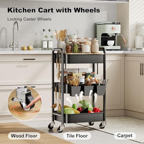3 Tier Rolling Cart with Wood Table Top, Rolling Cart Table on Lockable Wheels,Rolling Side Table with Storage, Black Utility Carts for Arts and Crafts, Dorm, Medica, Laundry Room, Roller Book Shelf - color: Black